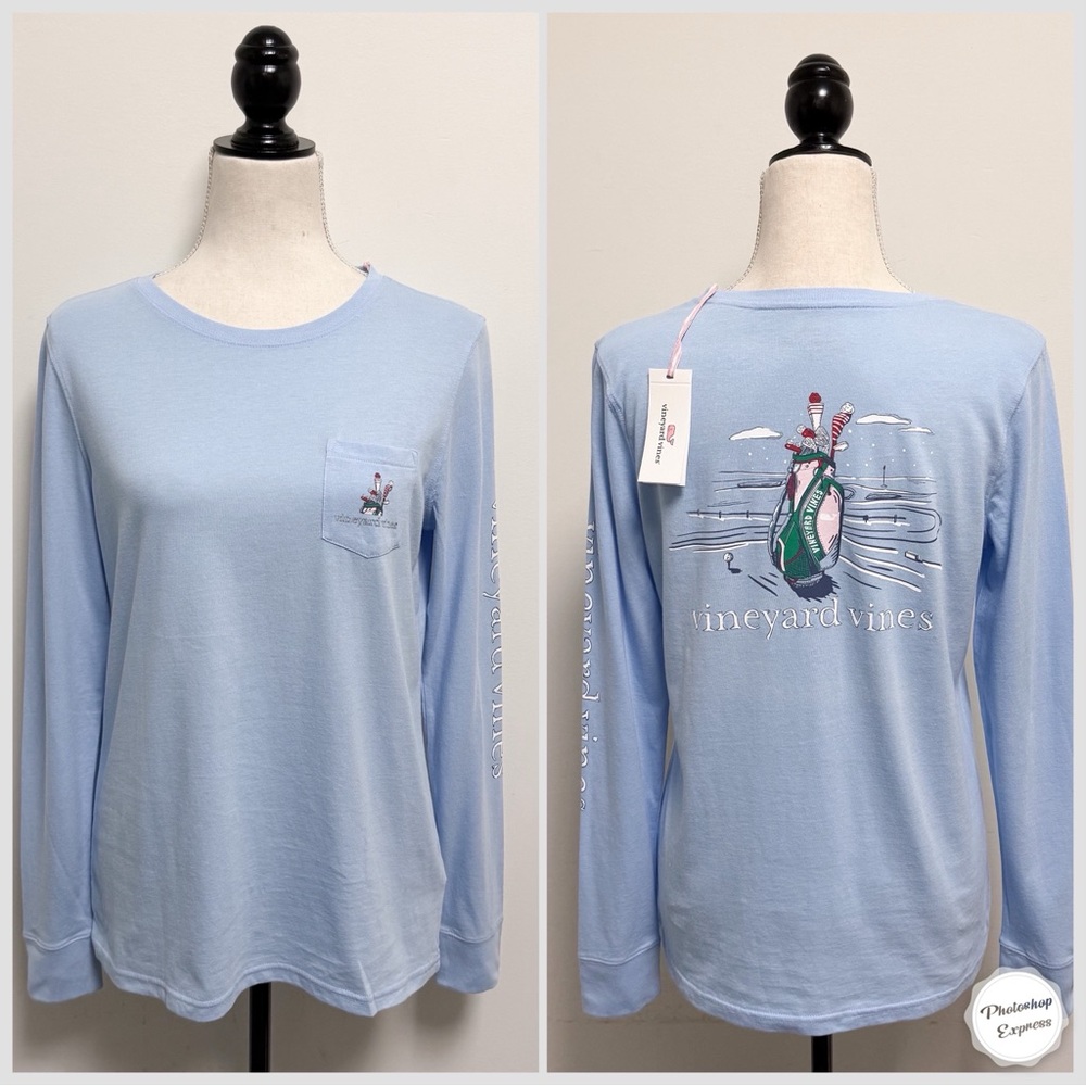 Vineyard Vines Jake Light Blue Holiday Christmas Golf Bag Long Sleeve T Small